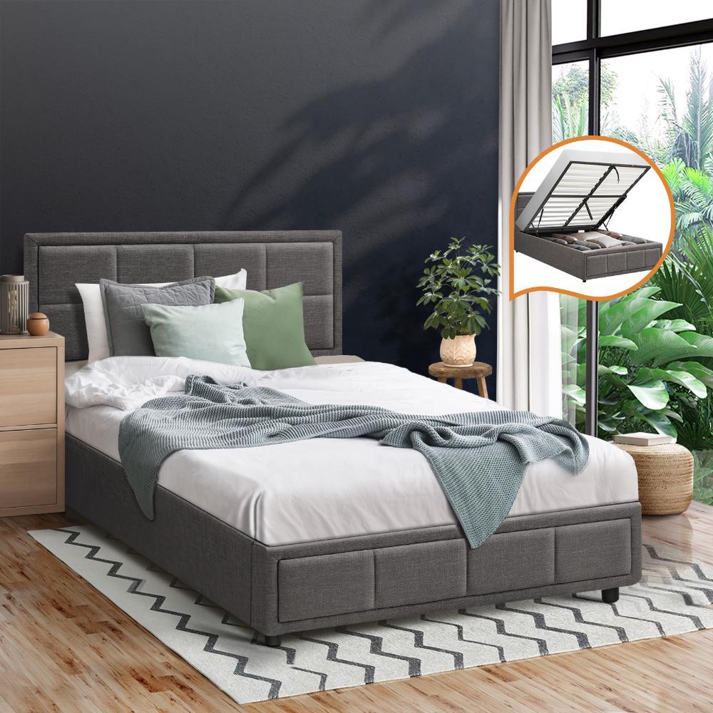 Bed Frame King Single Gas Lift Storage Base Fabric Grey - Image 7