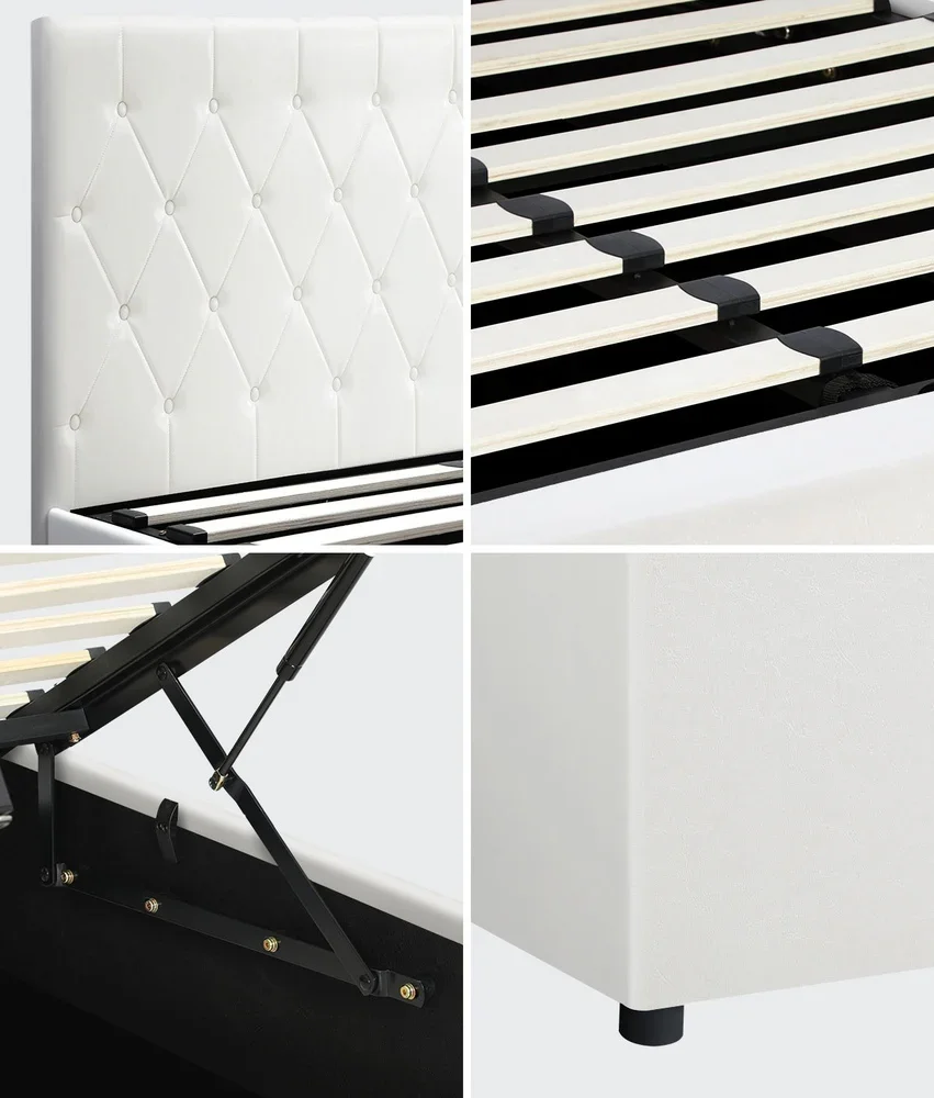 Bed Frame Double Size Gas Lift Base Storage Leather White - Image 2