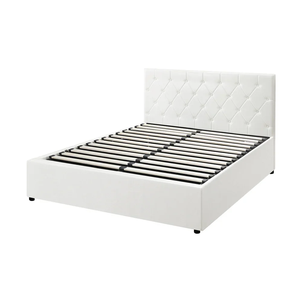 Bed Frame Double Size Gas Lift Base Storage Leather White - Image 9