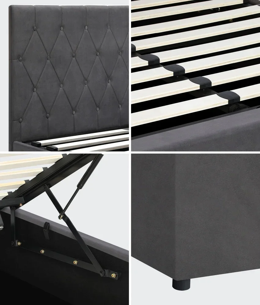Bed Frame King Size Gas Lift Base Storage Fabric Grey - Image 2
