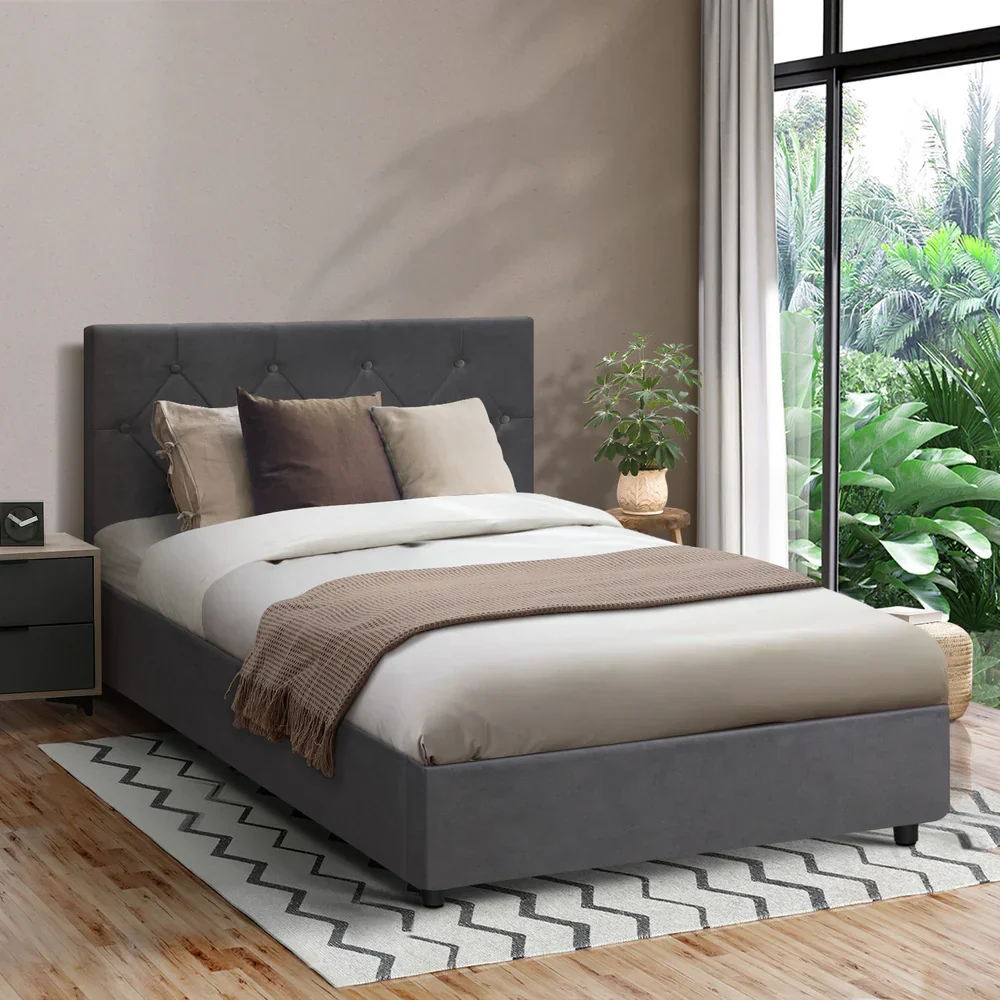 Bed Frame King Single Gas Lift Base Storage Fabric Grey - Image 3