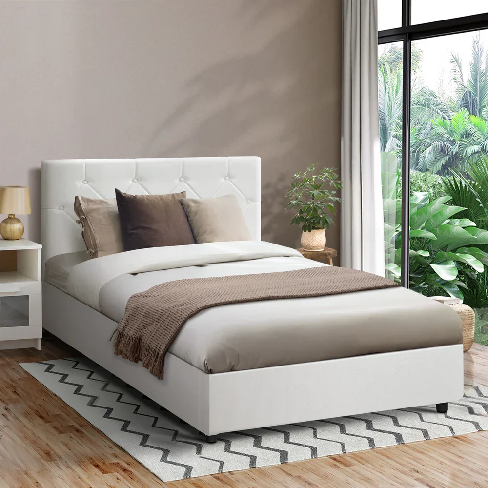 Bed Frame King Single Gas Lift Base Storage Leather White - Image 3
