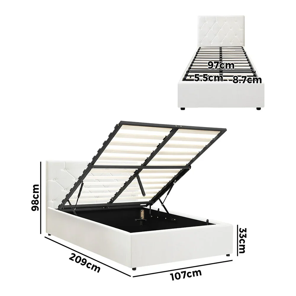 Bed Frame King Single Gas Lift Base Storage Leather White - Image 8