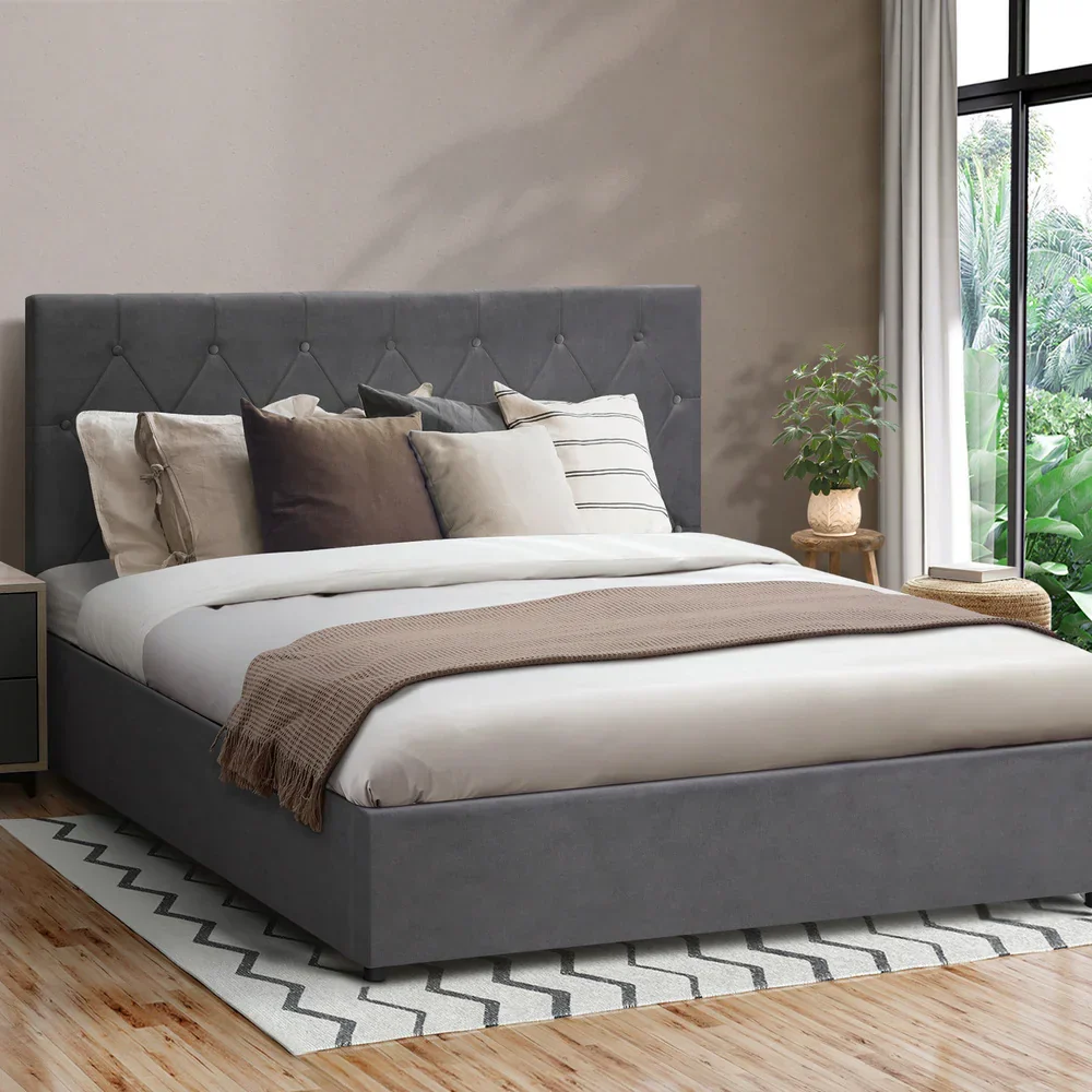 Bed Frame Queen Size Gas Lift Base Storage Fabric Grey - Image 8