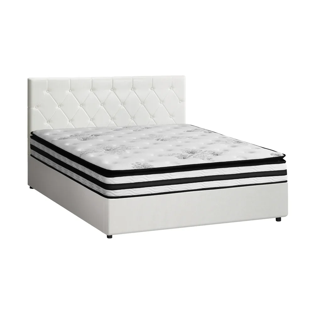 Bed Frame Queen Size Gas Lift with Mattress White Leather - Image 2