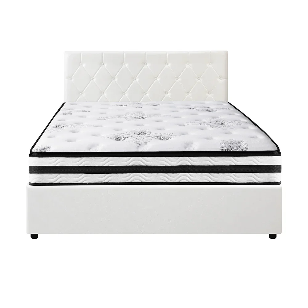 Bed Frame Queen Size Gas Lift with Mattress White Leather - Image 4
