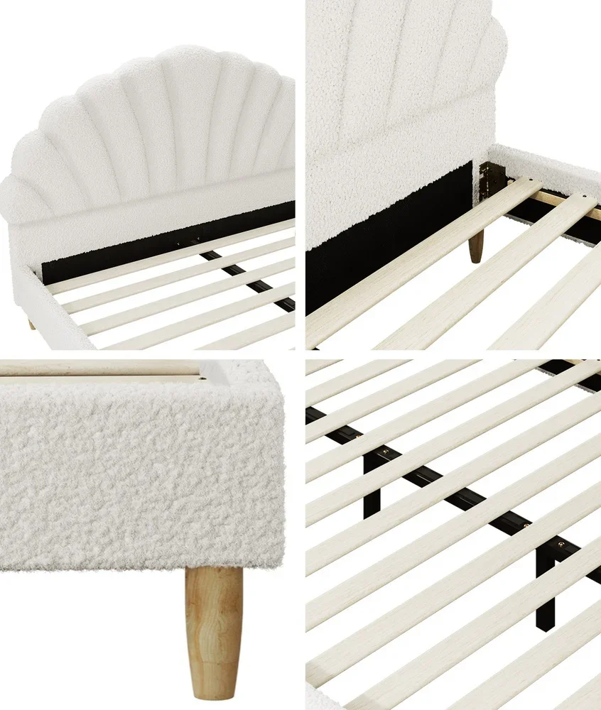 Boucle Bed Frame with Ottoman Set Scallop Shaped Sherpa Bedhead Double - Image 6