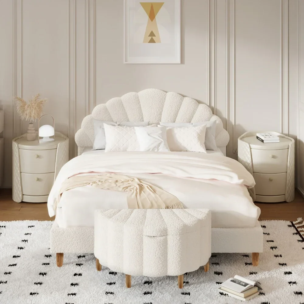 Boucle Bed Frame with Ottoman Set Scallop Shaped Sherpa Bedhead Double - Image 8