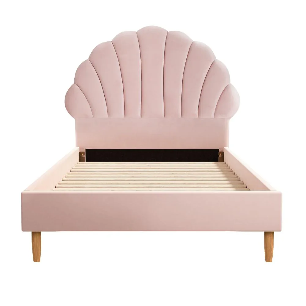 Single Bed Frame Scallop-Shape Bedhead Pink Velvet - Image 7