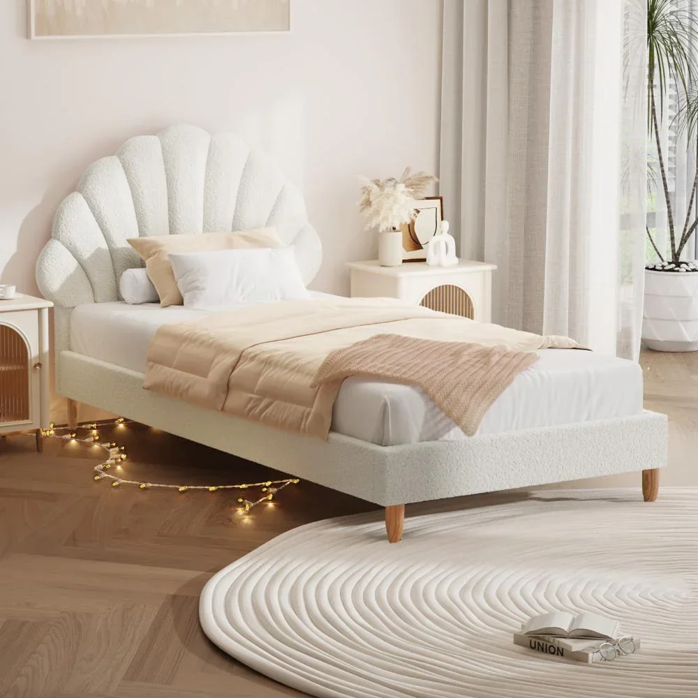 Single Bed Frame Scallop-Shape Bedhead White Boucle - Image 2