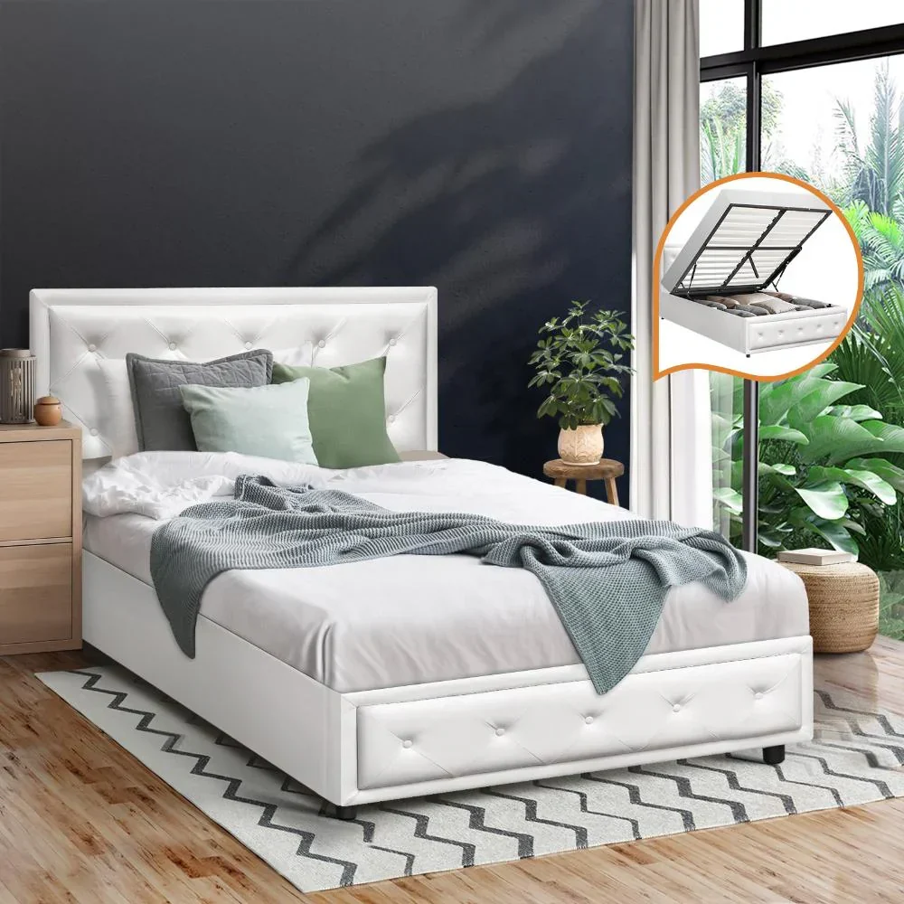 King Single Bed Frame with Storage Space Gas Lift White - Image 4