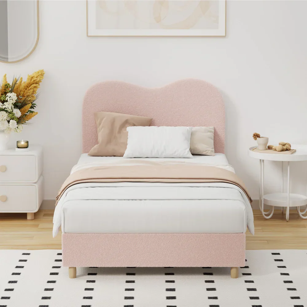 Bed Frame King Single Size Pink Boucle Cloud Shape - Image 4