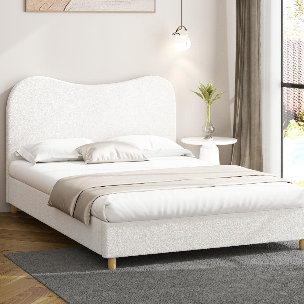 Bed Frame Queen Size White Boucle Cloud Shape - Image 6