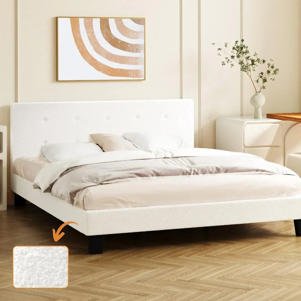 Bed Frame Double Size White Boucle - Image 4