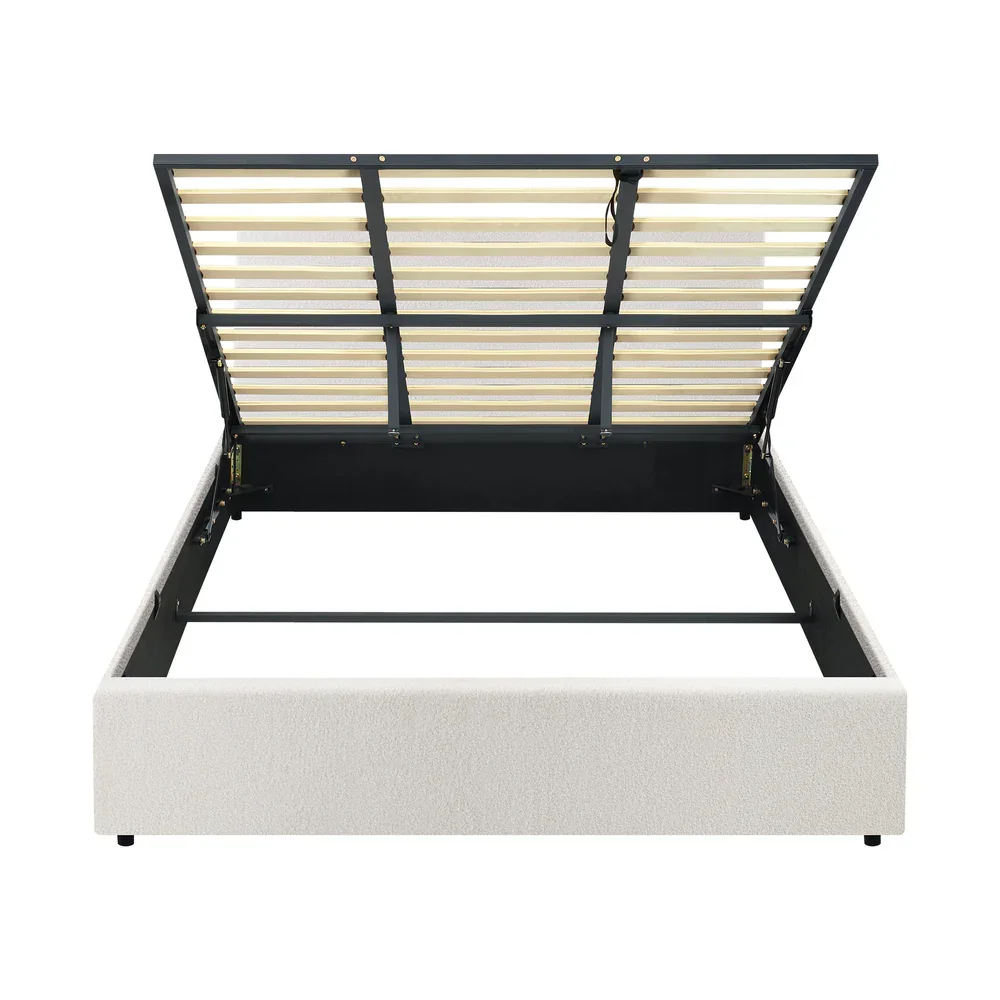 King Bed Frame Gas Lift Storage Base White Boucle - Image 8
