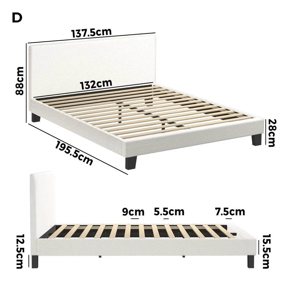 Double Bed Frame Wooden Slats Boucle Fabric White - Image 8