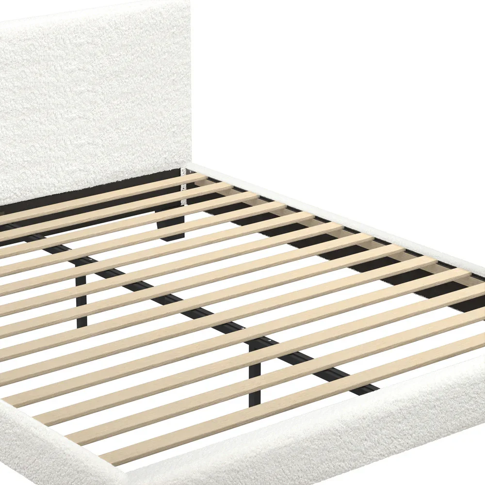 Queen Bed Frame Wooden Slats Boucle Fabric White - Image 9