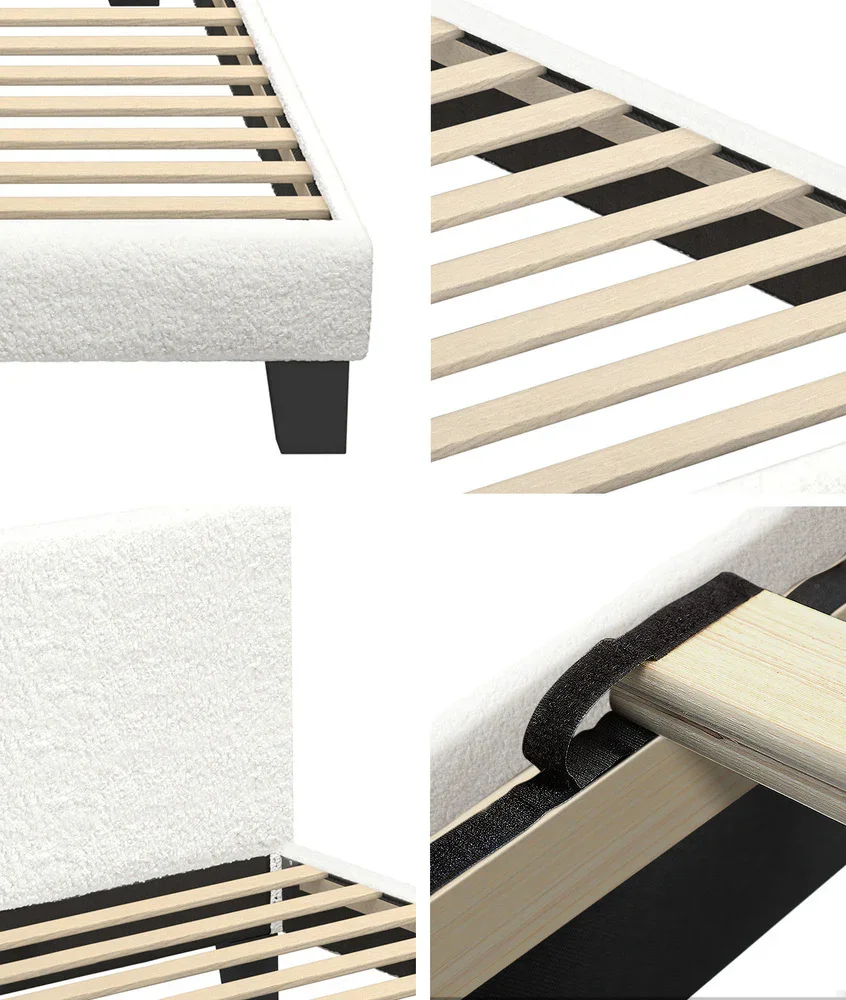 Single Bed Frame Wooden Slats Boucle Fabric White - Image 6