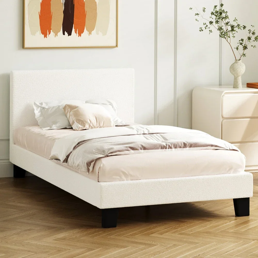 Single Bed Frame Wooden Slats Boucle Fabric White - Image 8