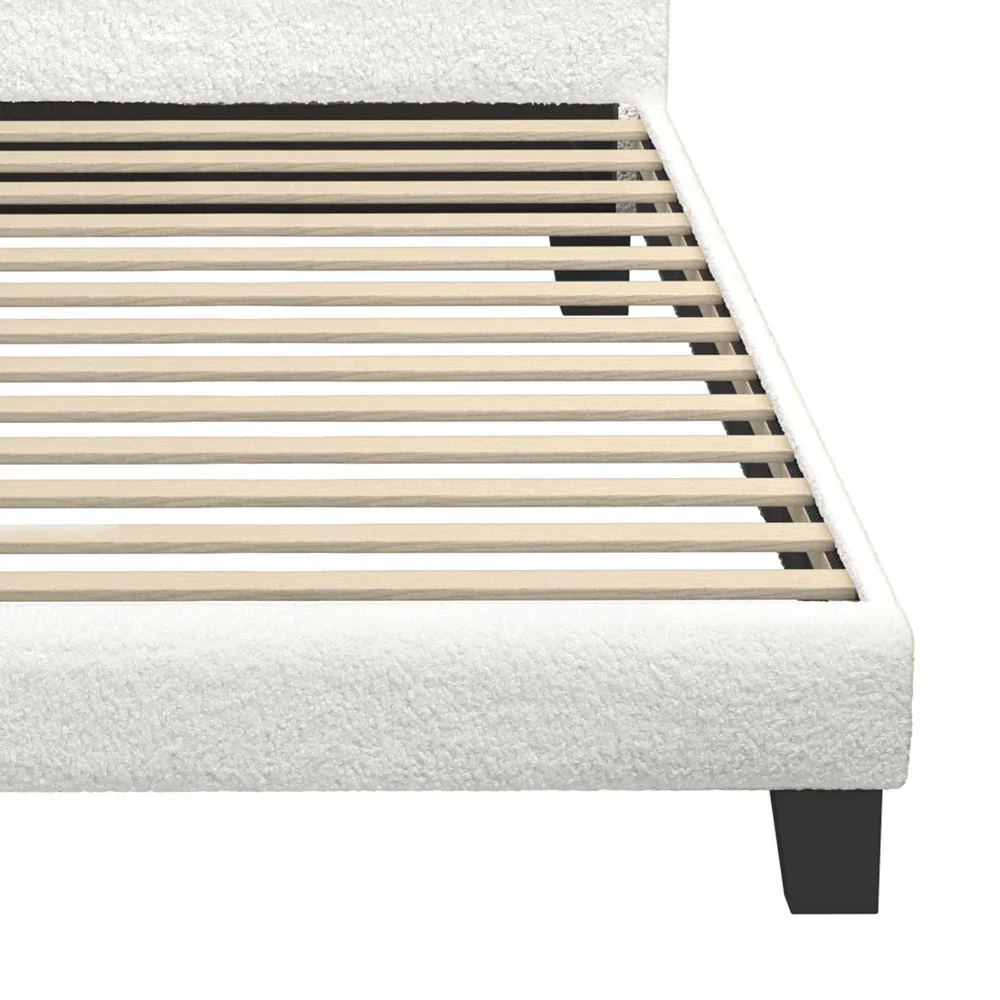Single Bed Frame Wooden Slats Boucle Fabric White - Image 9