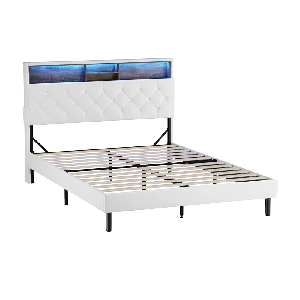 Bed Frame Queen Size with LED Storage Bedhead White - Image 4