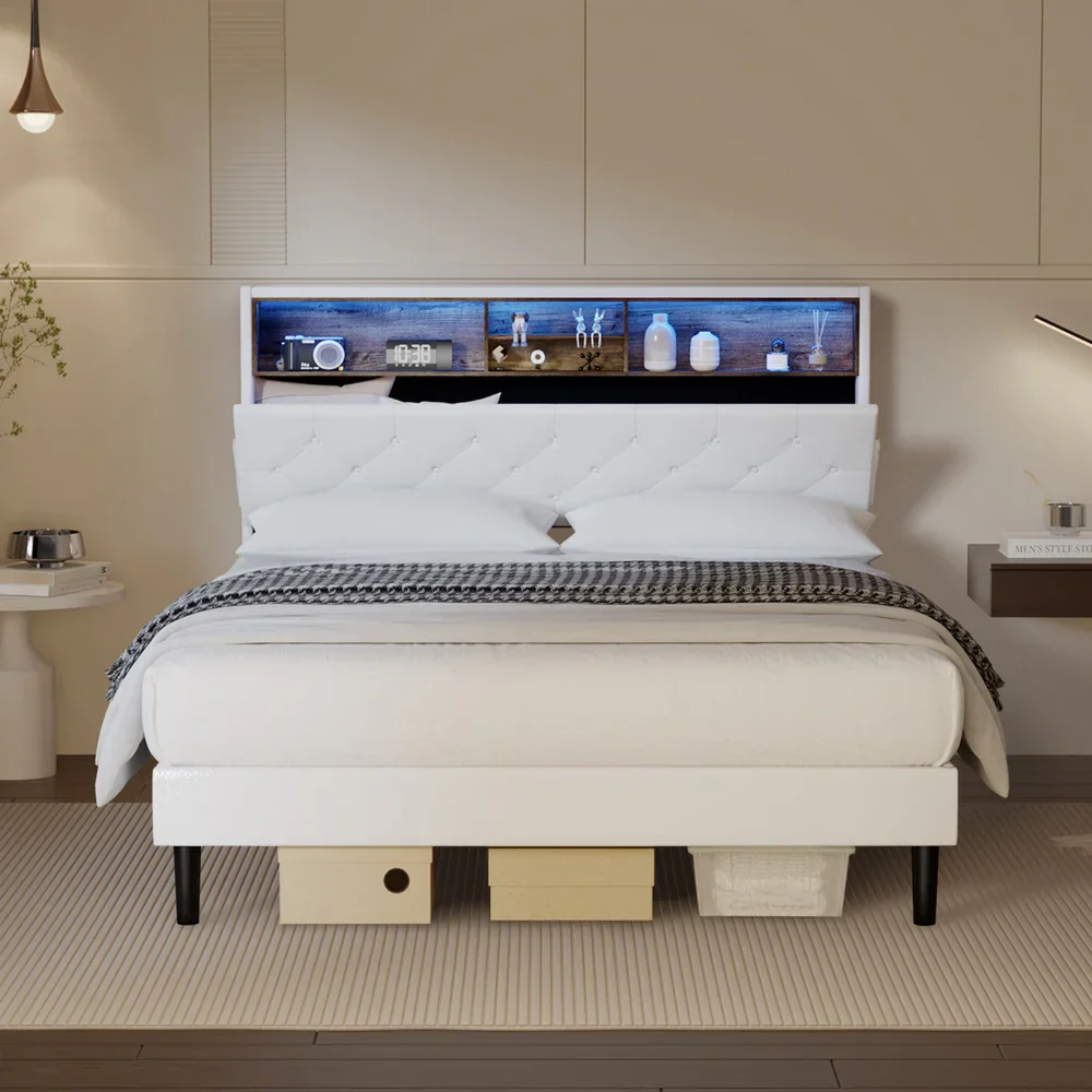 Bed Frame Queen Size with LED Storage Bedhead White - Image 5