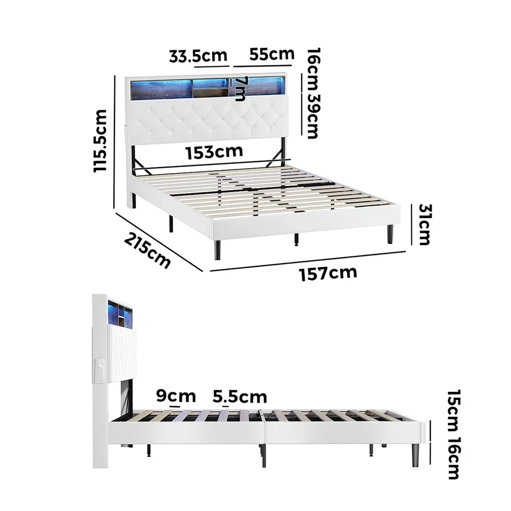 Bed Frame Queen Size with LED Storage Bedhead White - Image 6