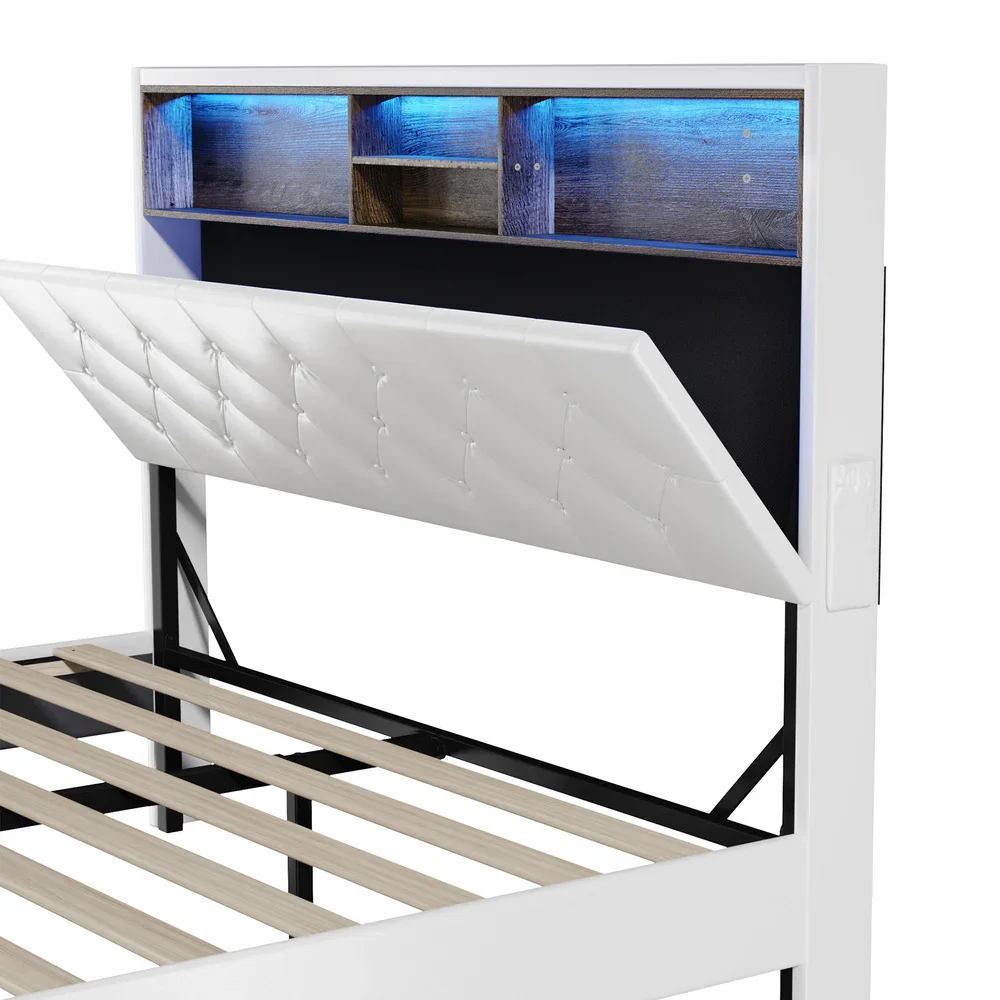 Bed Frame Queen Size with LED Storage Bedhead White - Image 8