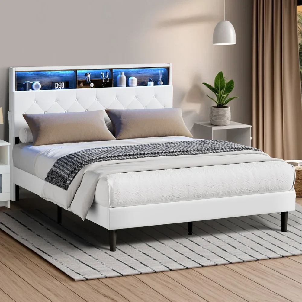 Bed Frame Queen Size with LED Storage Bedhead White - Image 9