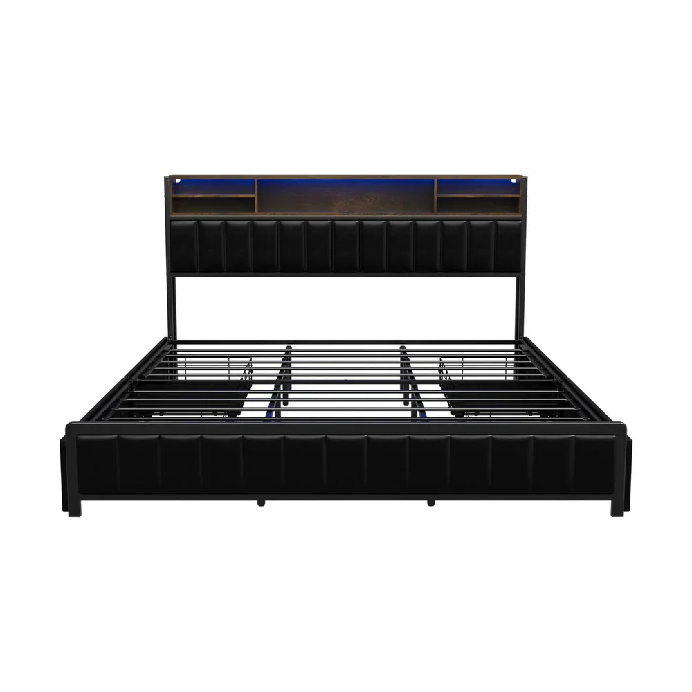 Bed Frame King Size LED Storage Bedhead 4 Drawers USB Charge - Image 5