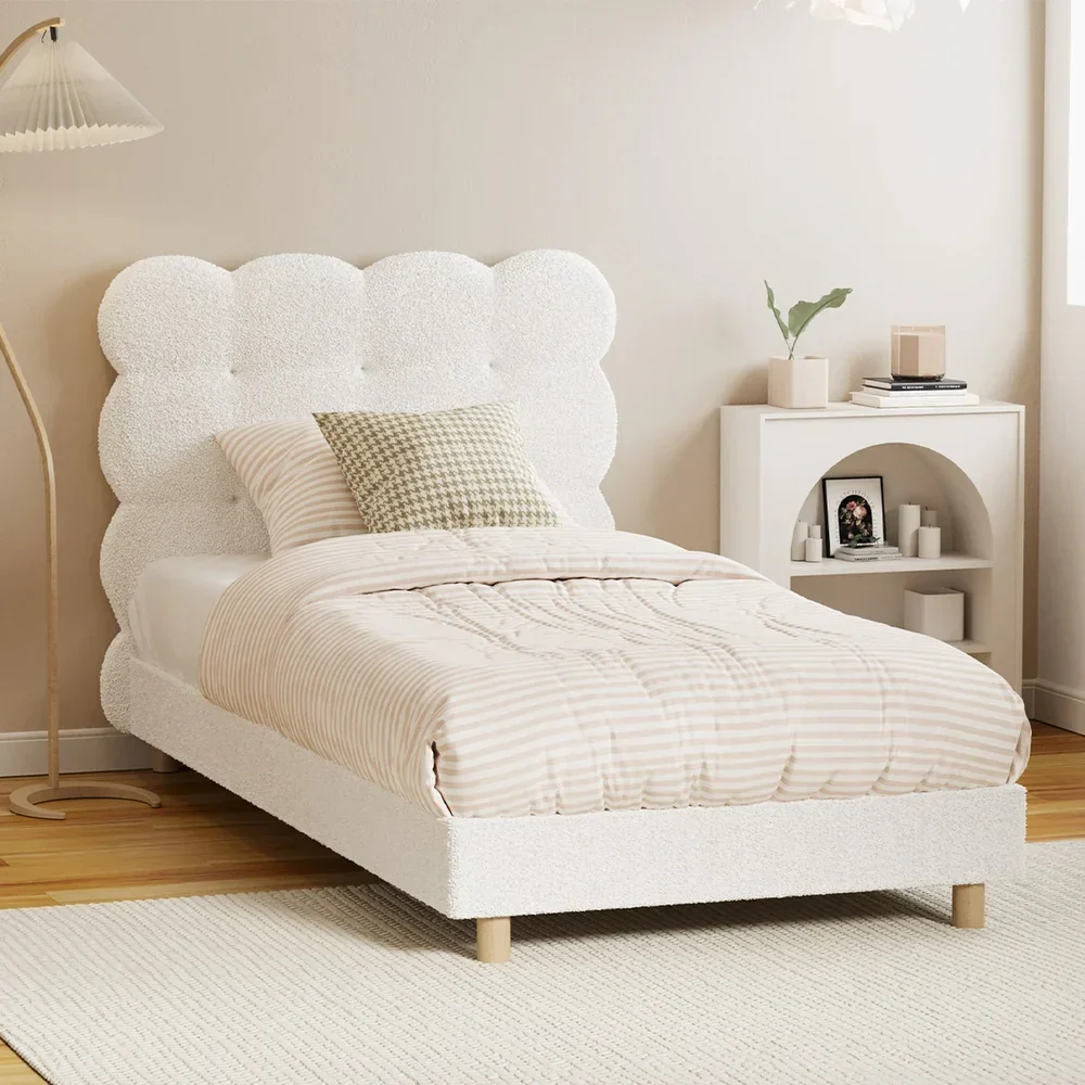 Bed Frame Single Tufted Bedhead Boucle Fabric White - Image 7