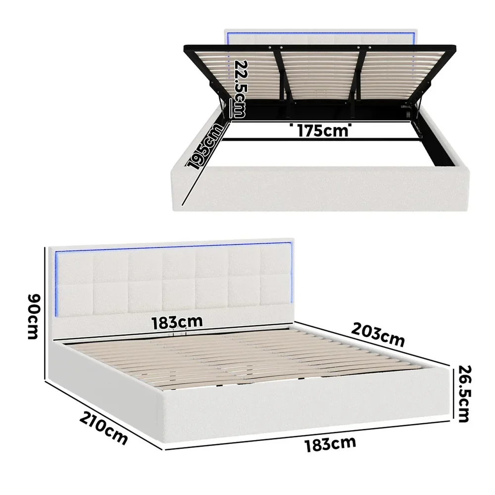 Bed Frame King Size RGB LED Gas Lift Storage Base White Boucle - Image 2