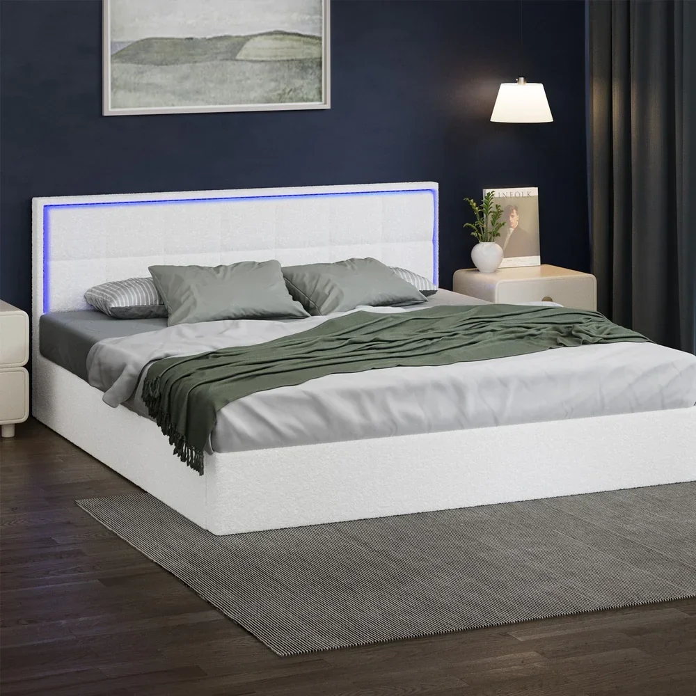 Bed Frame King Size RGB LED Gas Lift Storage Base White Boucle - Image 3