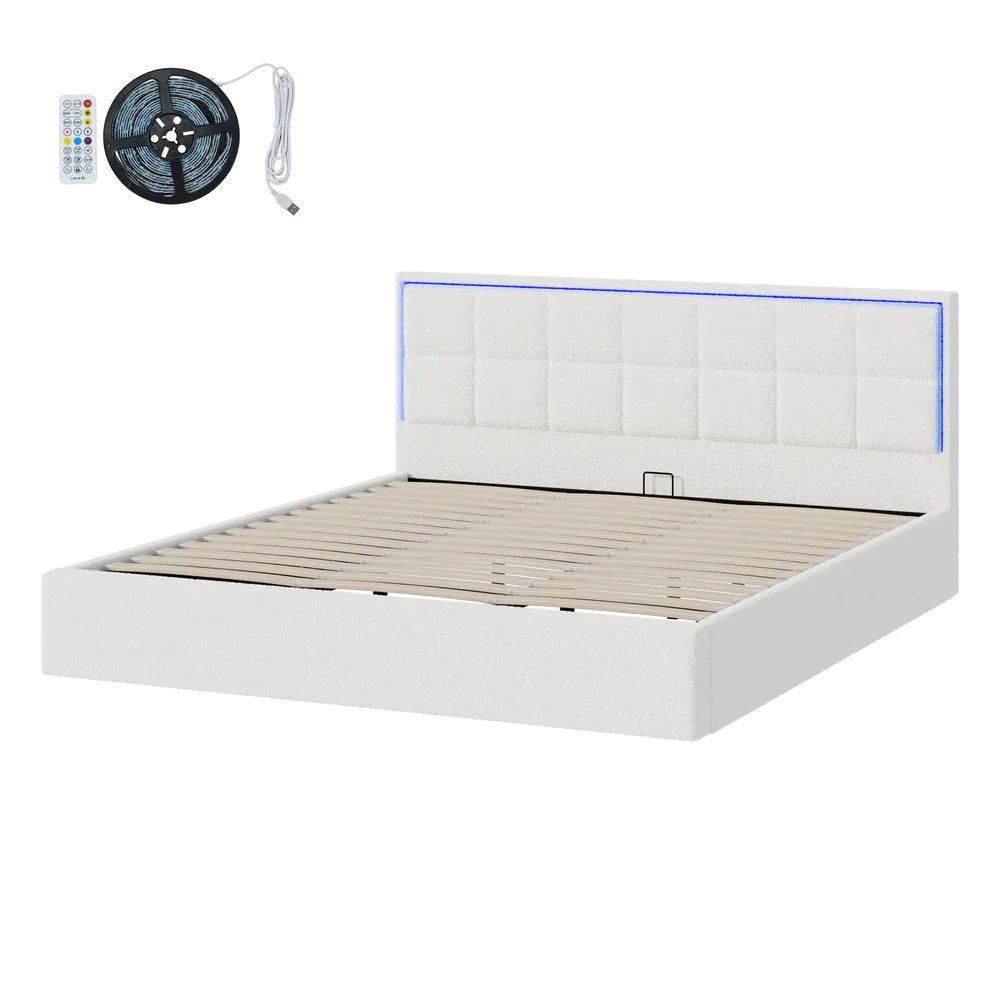 Bed Frame King Size RGB LED Gas Lift Storage Base White Boucle - Image 7