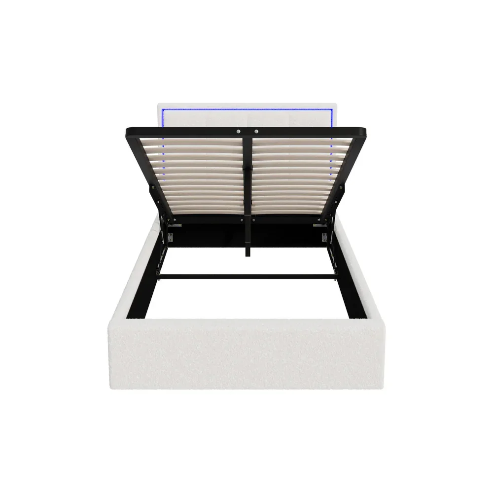 Bed Frame King Single RGB LED Gas Lift Storage Base White Boucle - Image 2