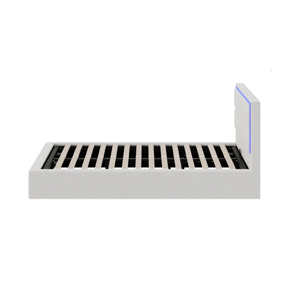 Bed Frame King Single RGB LED Gas Lift Storage Base White Boucle - Image 4