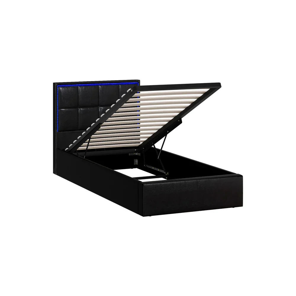 Bed Frame Single Size RGB LED Gas Lift Storage Base Leather