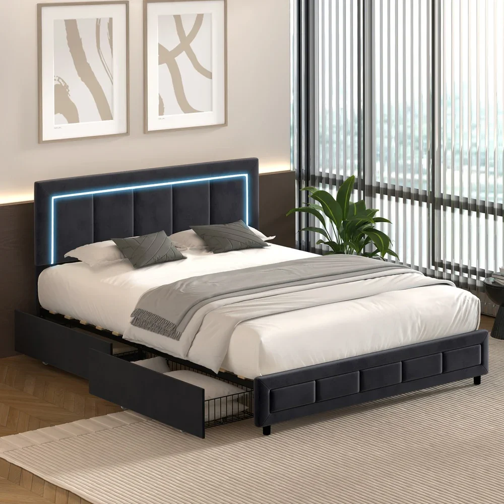LED Bed Frame Double Size 4 Drawers Adjustable Head Black