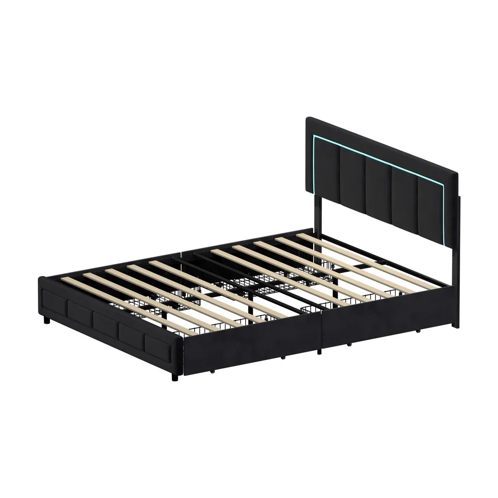 LED Bed Frame Double Size 4 Drawers Adjustable Head Black - Image 3