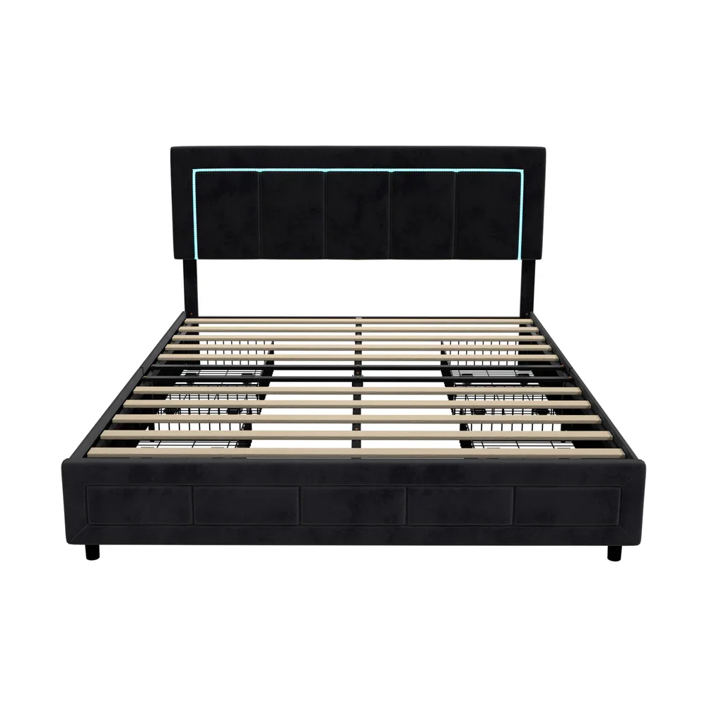 LED Bed Frame Double Size 4 Drawers Adjustable Head Black - Image 4