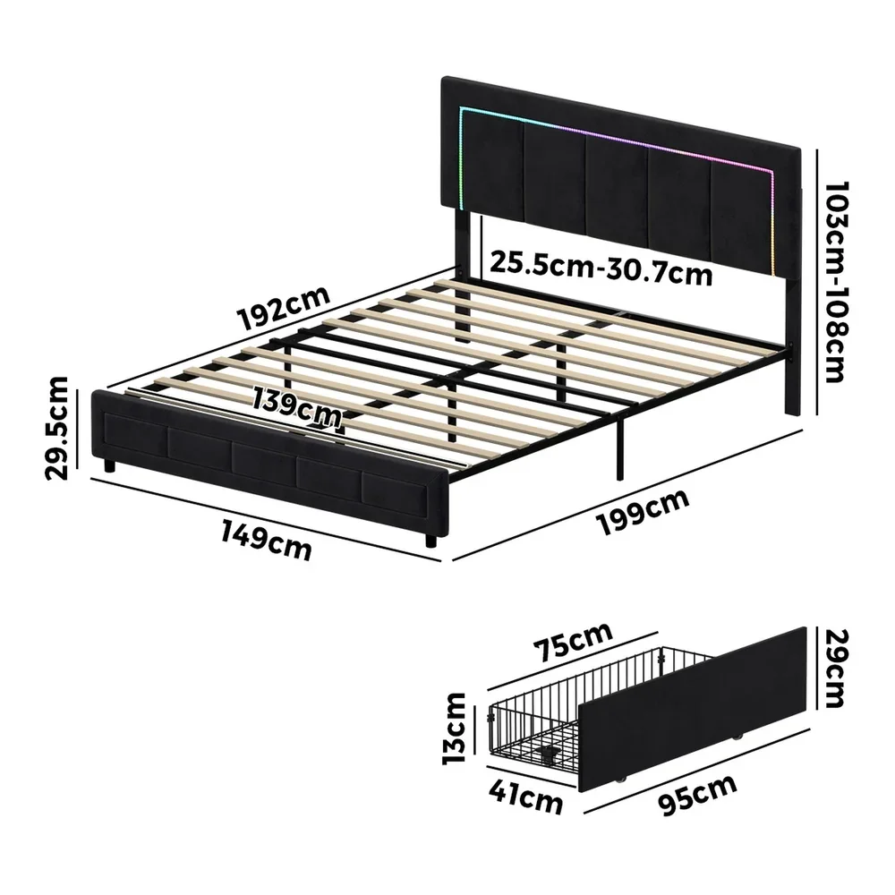 LED Bed Frame Double Size 4 Drawers Adjustable Head Black - Image 6