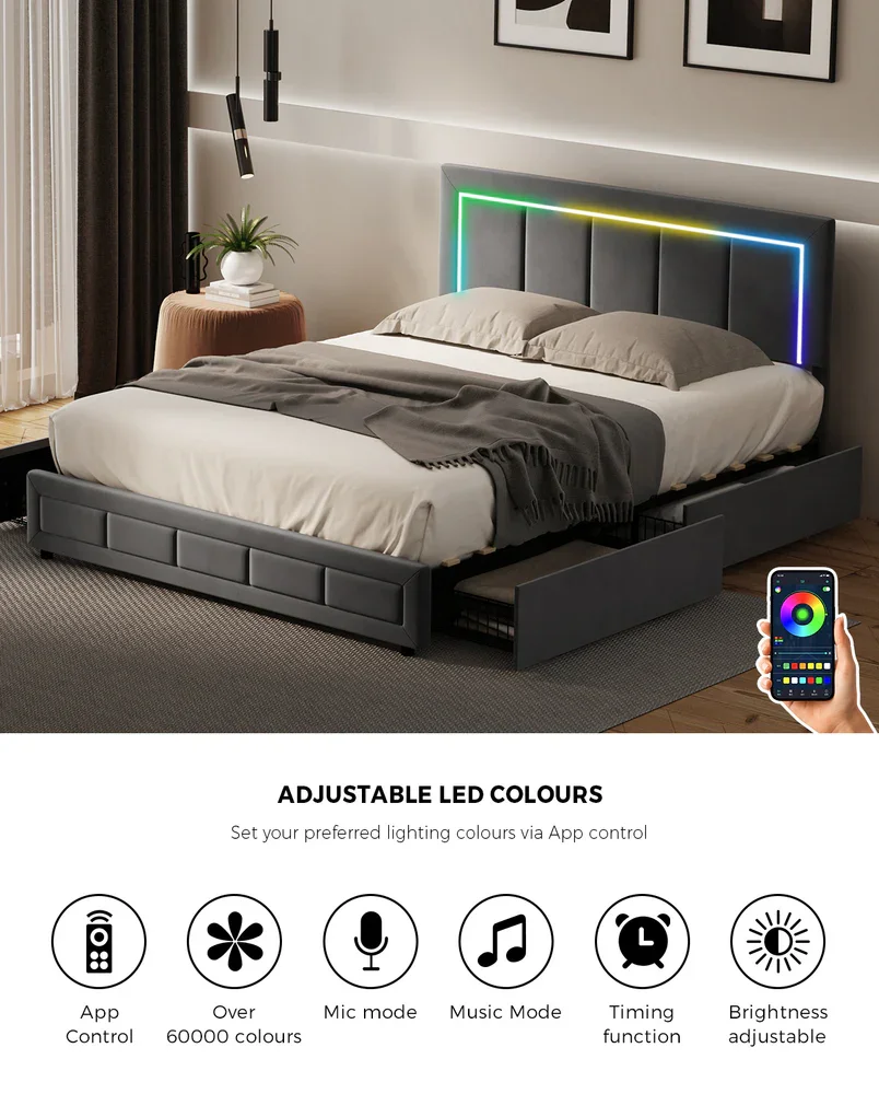 LED Bed Frame Queen Size 4 Drawers Adjustable Head Velvet - Image 2