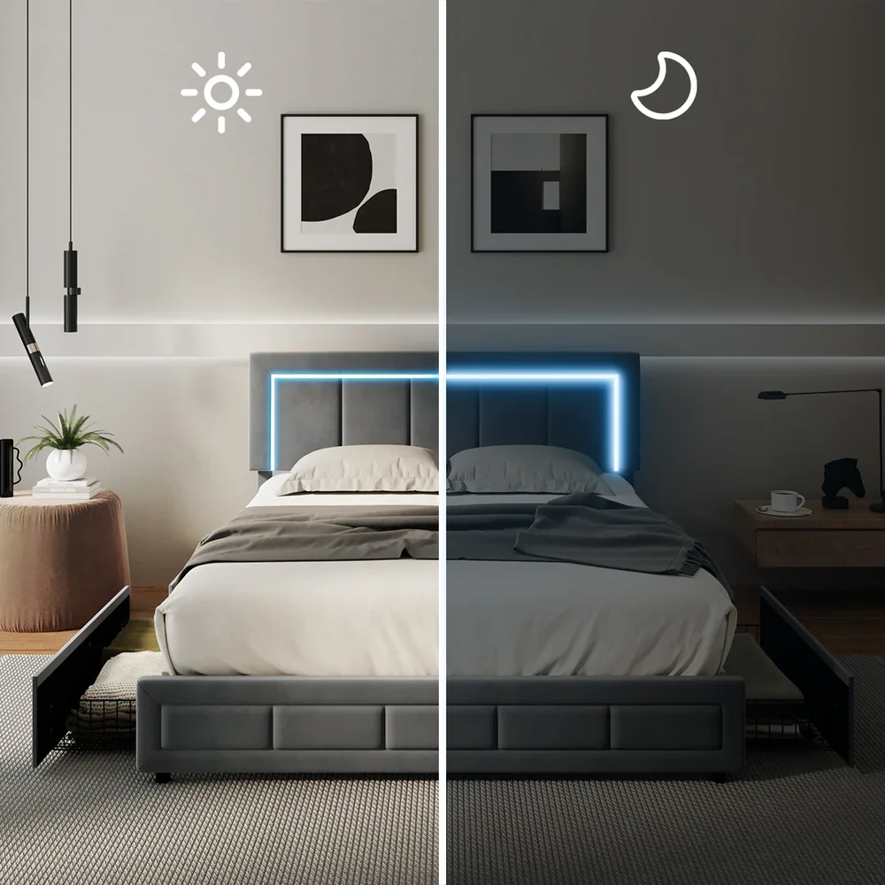 LED Bed Frame Queen Size 4 Drawers Adjustable Head Velvet - Image 8