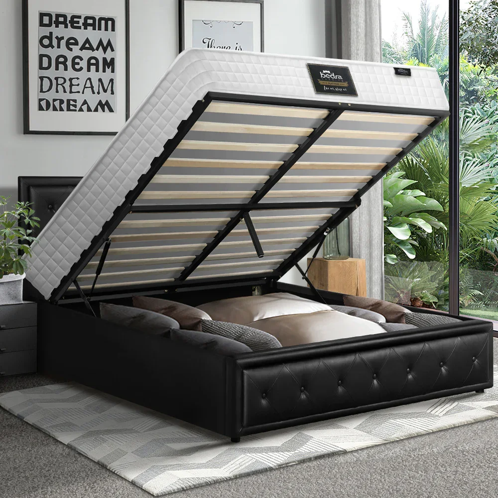 Bed Frame with Mattress Double Size Gas Lift Black Leather - Image 4