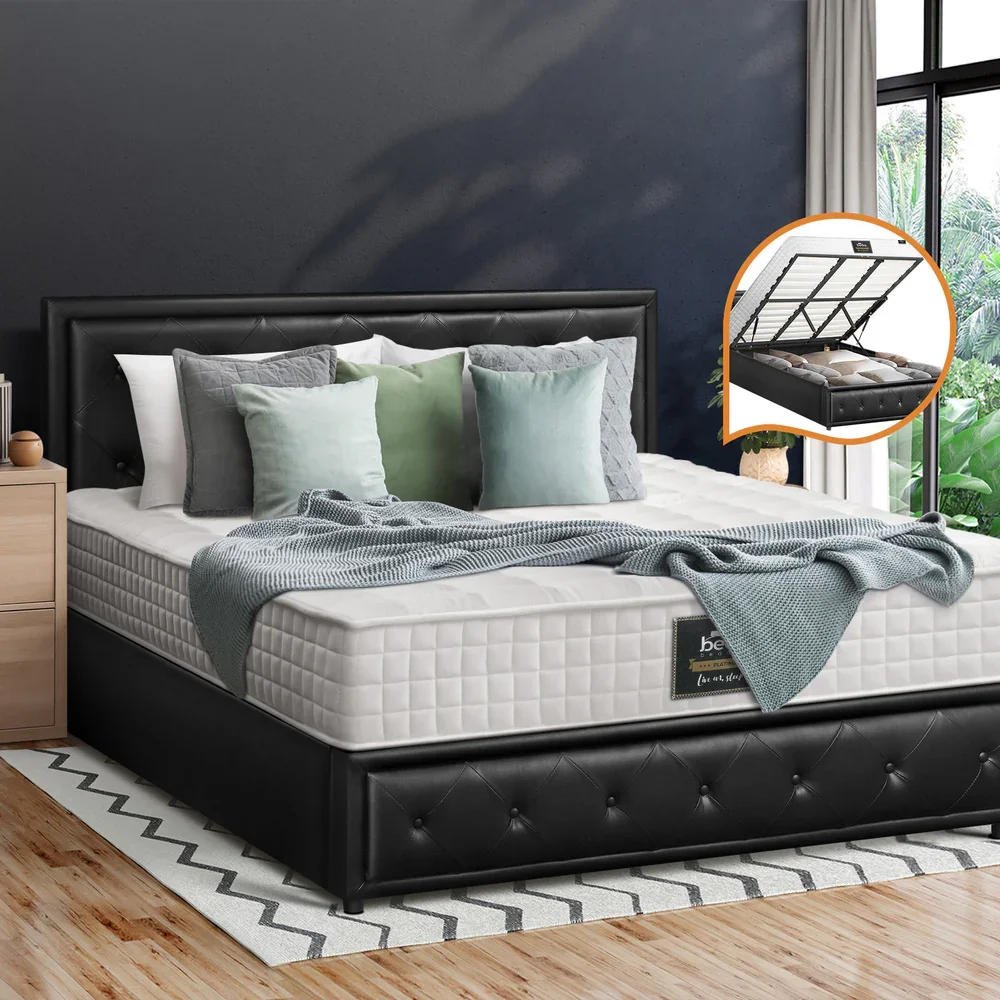 Bed Frame with Mattress King Size Gas Lift Black Leather - Image 5
