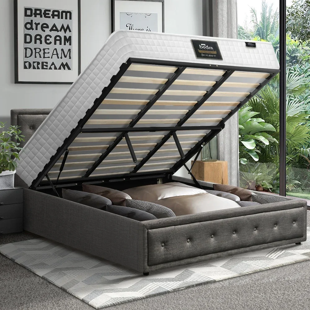Bed Frame with Mattress King Size Gas Lift Grey Fabric - Image 10