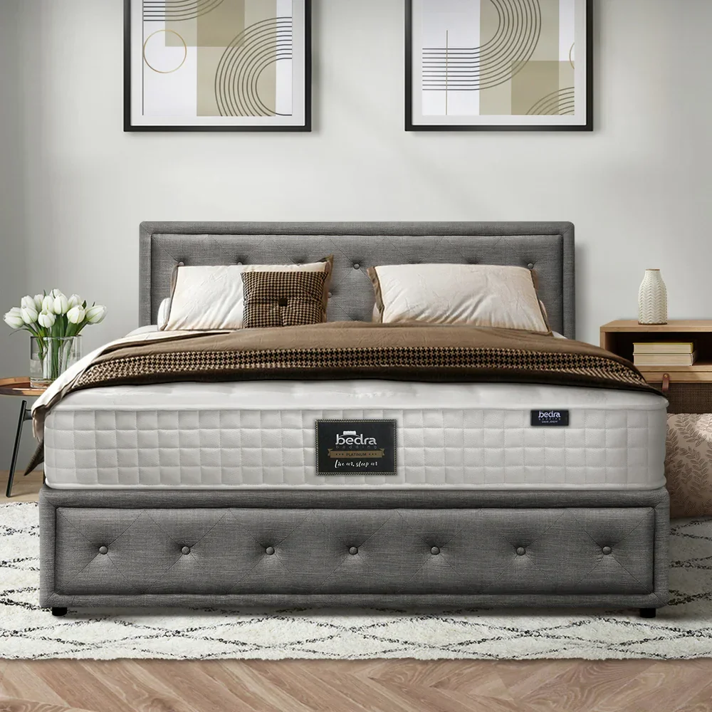 Bed Frame with Mattress Queen Size Gas Lift Grey Fabric - Image 9