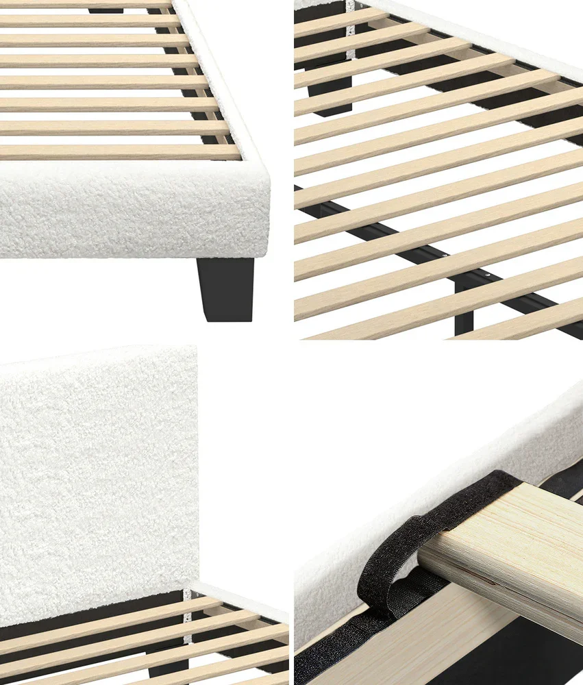 Bed Frame with Double Mattress Set Boucle Fabric White - Image 5