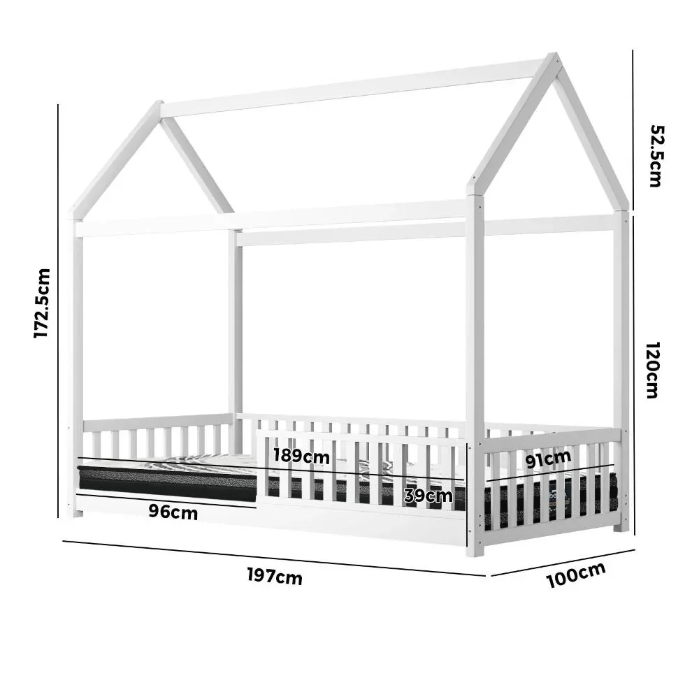 Kids Bed Frame With Single Mattress House Frame White - Image 3