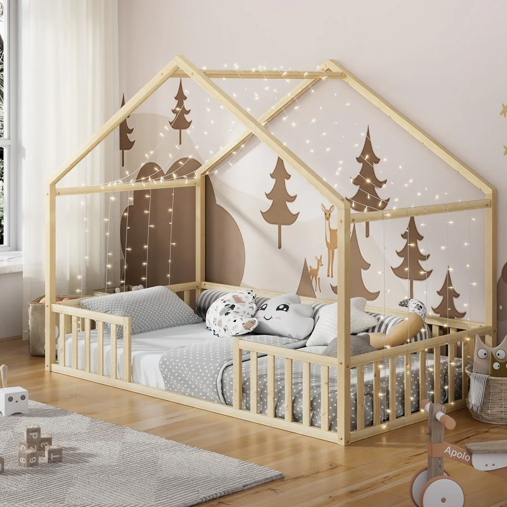 Wooden Kids Bed Frame King Single House Beds Timber Natural - Image 6